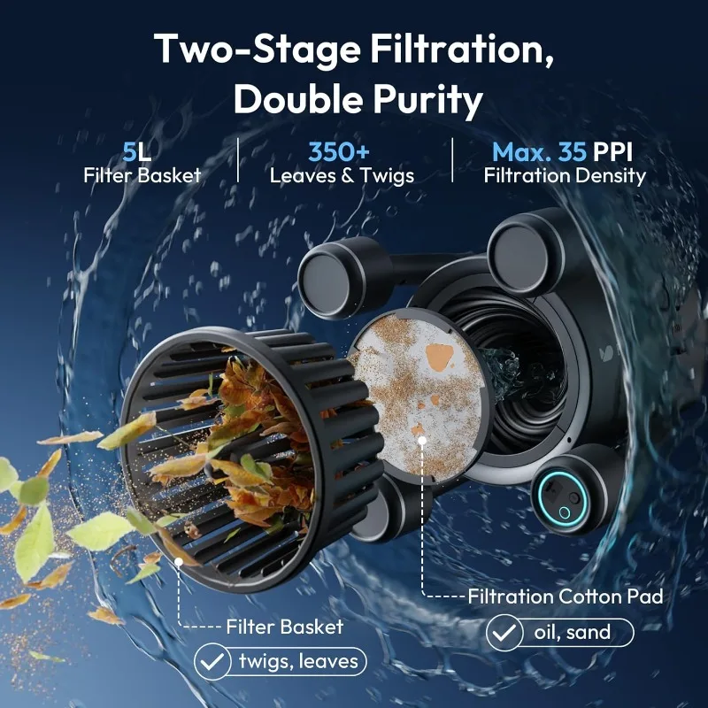 BuVortex V5 ロボット表面スキマー、強力な吸引機能を備えたプールクリーナー、デュアルモーター、5L フィルター、デュアルクリーニングモード