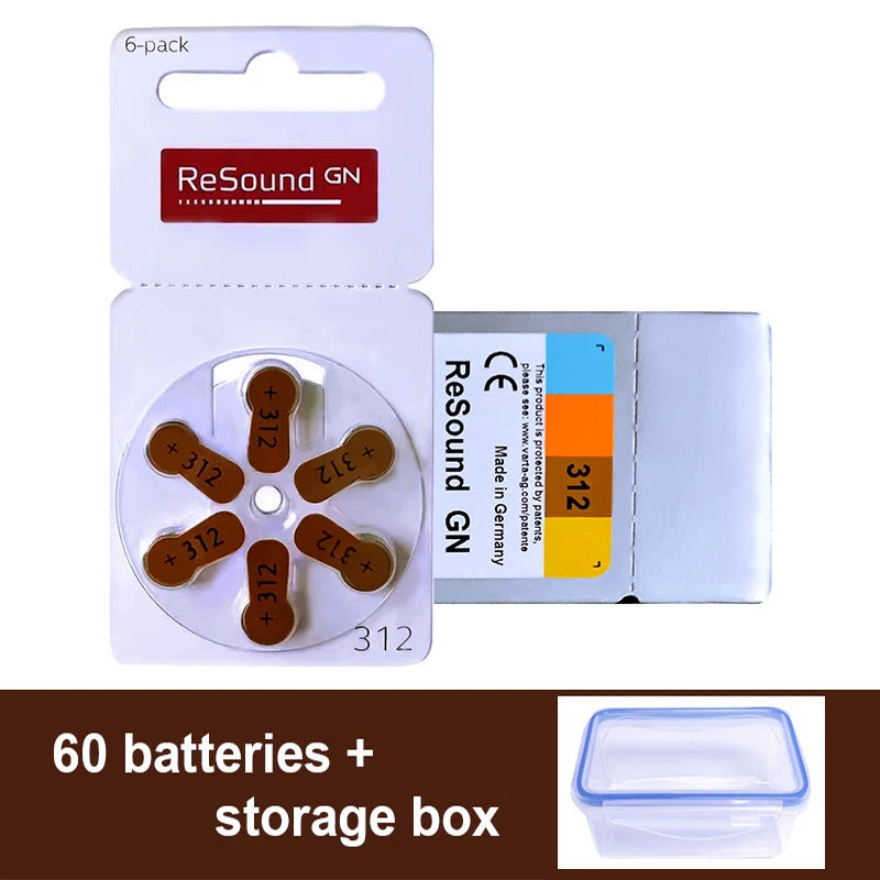 60pcs ReSound Hearing Aid Batteries Size 312 A312 312A P312 PR41 Germany Zinc Air 1.45V Cell Button Battery w BOX Sale