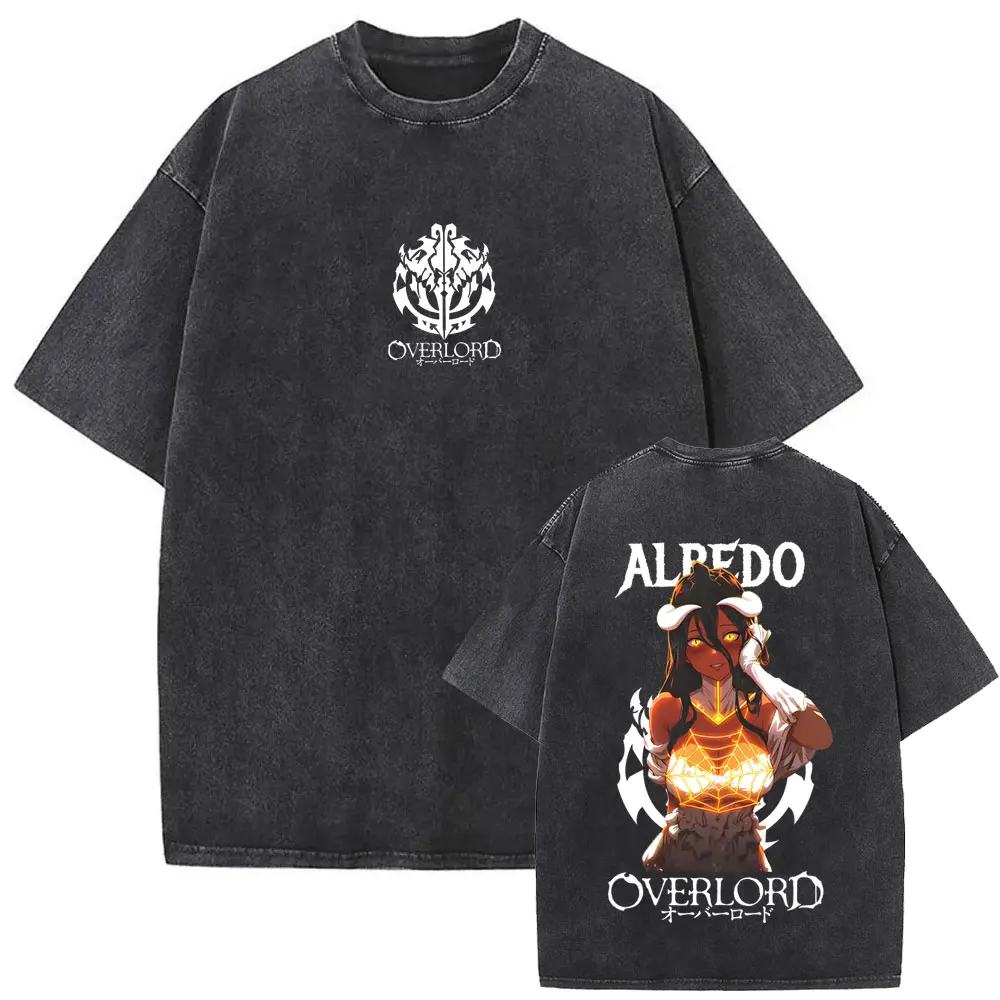 Washed Vintage Anime Overlord Albedo T-shirt Men Women Casual Retro Cotton Short Sleeve T Shirt Men's Manga Harajuku Streetwear