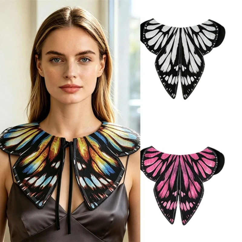 Butterfly-Print Faux Collar with Wing-Shaped Panels and Strap Fastening for Costume Parties and Photo Looks