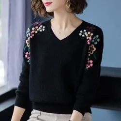 Suéter de punto con cuello en V para mujer, bordado, suelto, Simple, corto, a la moda, versátil, nuevo, Otoño e Invierno