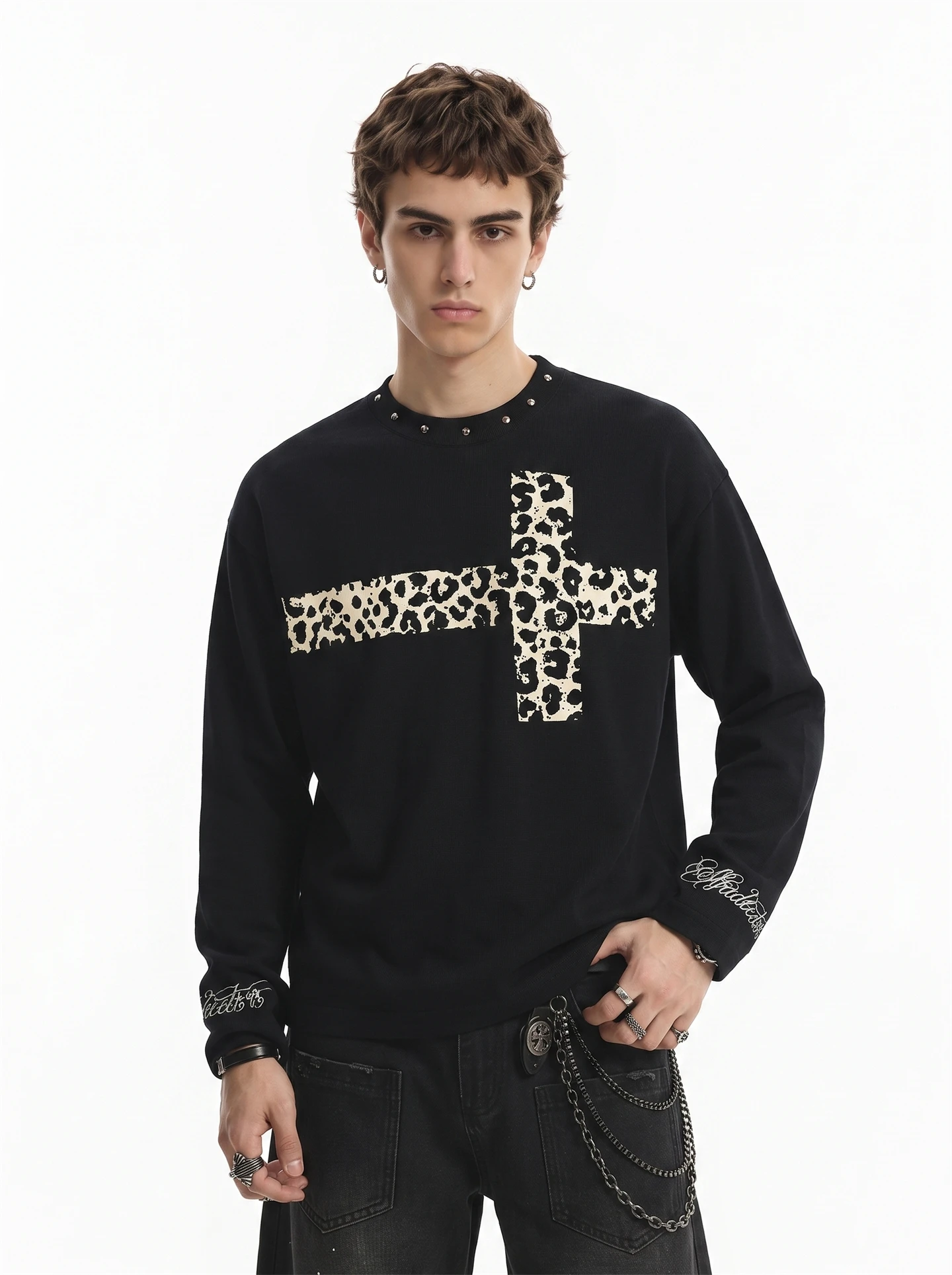 BETEBULE American Style Long Sleeve T-Shirt Leopard Print Waffle Texture Men's Vintage Light Cotton Short Wide Top