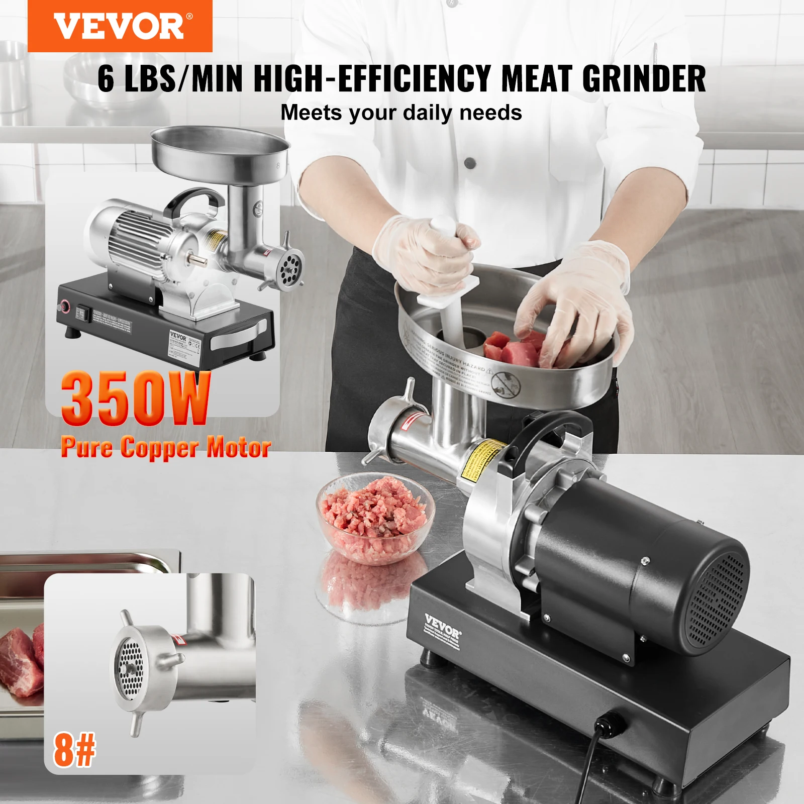 VEVOR Electric Meat Grinder, 6 Lbs/Min Capacity w/ Blade, Grinding Plate, Sausage Maker, Stainless Steel Commercial Meat Mincer