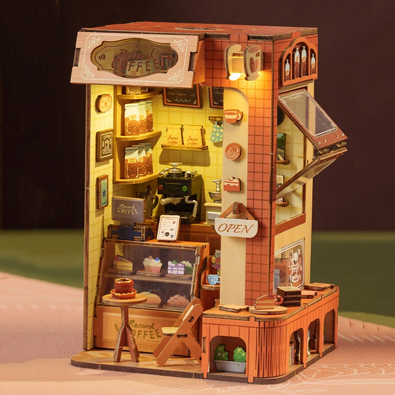 

DIY Wooden Book Nook Shelf Insert Kit Coffee Shop Bookend Miniature Model Kits with Light for Friends Birthday Gifts