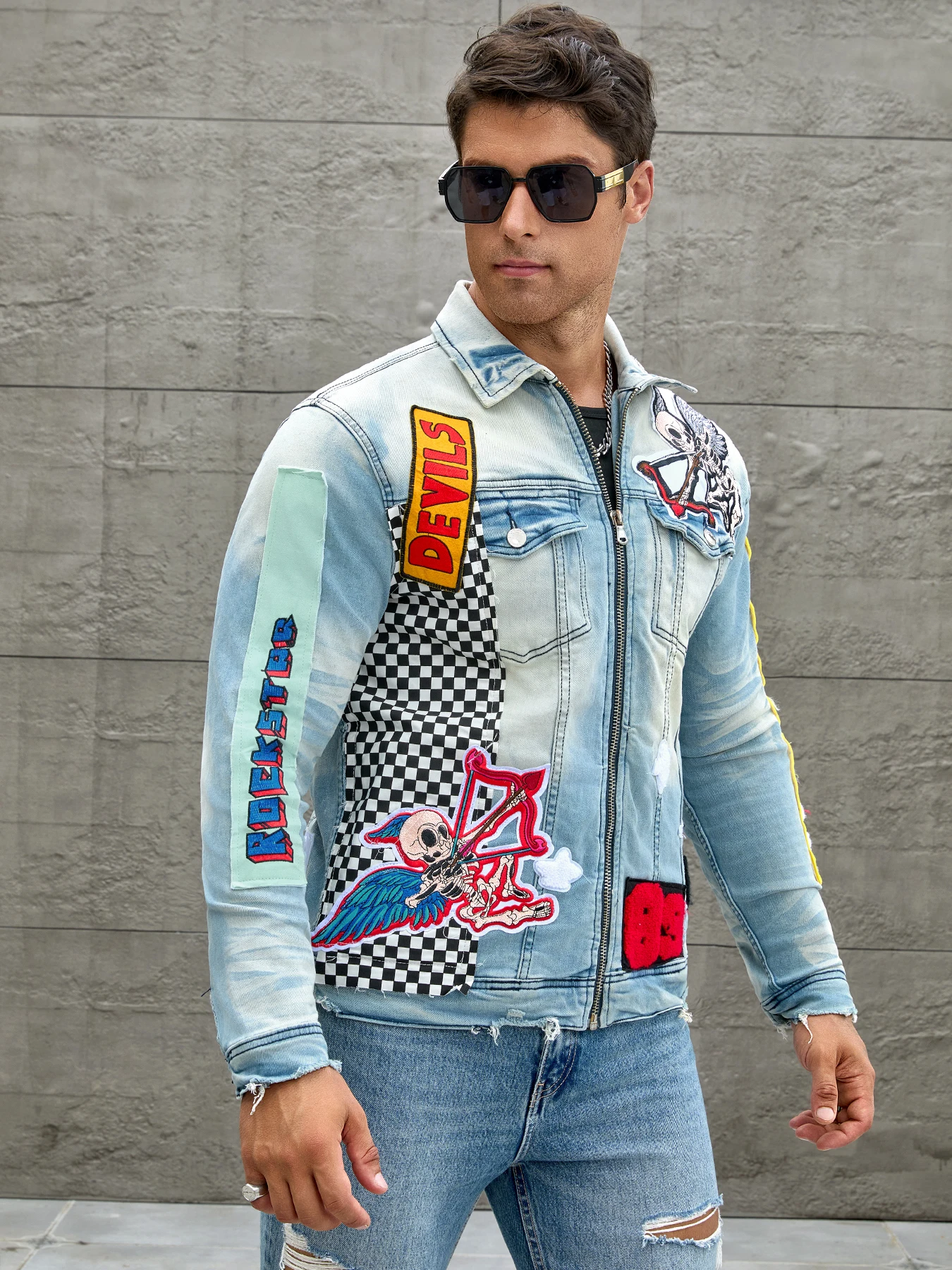 Men's stretch denim jacket, cat creases wash water, full embroidered seal design, fashion style, suitable for all seasons-6050