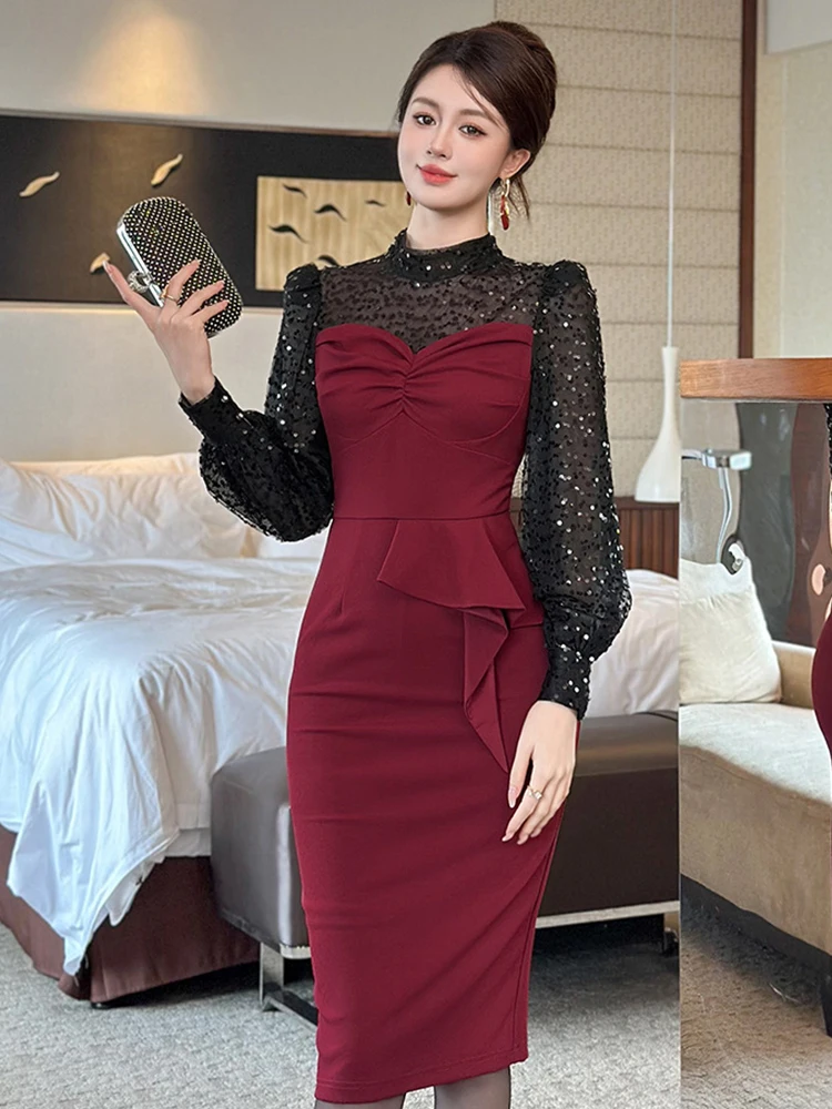 christmas pencil dress Burgundy Fake 2-Piece Formal Occasion Women Clothes Sequin Slim Dresses Elegant Lady Party Vestidos New Red Pencil Dress