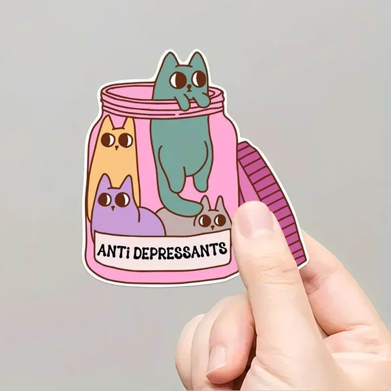

1 шт. забавная наклейка с котом на тему психического здоровья, милый дизайн в виде розовой баночки с антидепрессантом, водонепроницаемая виниловая наклейка для улучшения настроения
