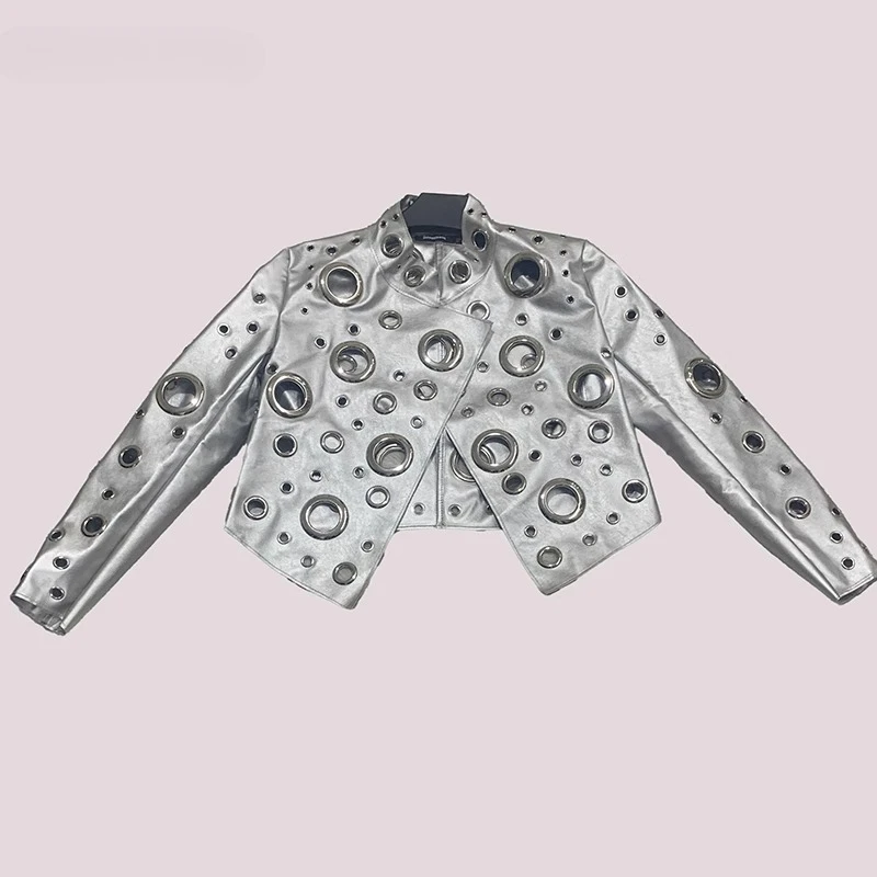 Original Splicing Contrasting Colors Hollow OutSweet Cool Women's Short Coat Spring Autumn Pu Leather Collar Pu Jacket Ladies