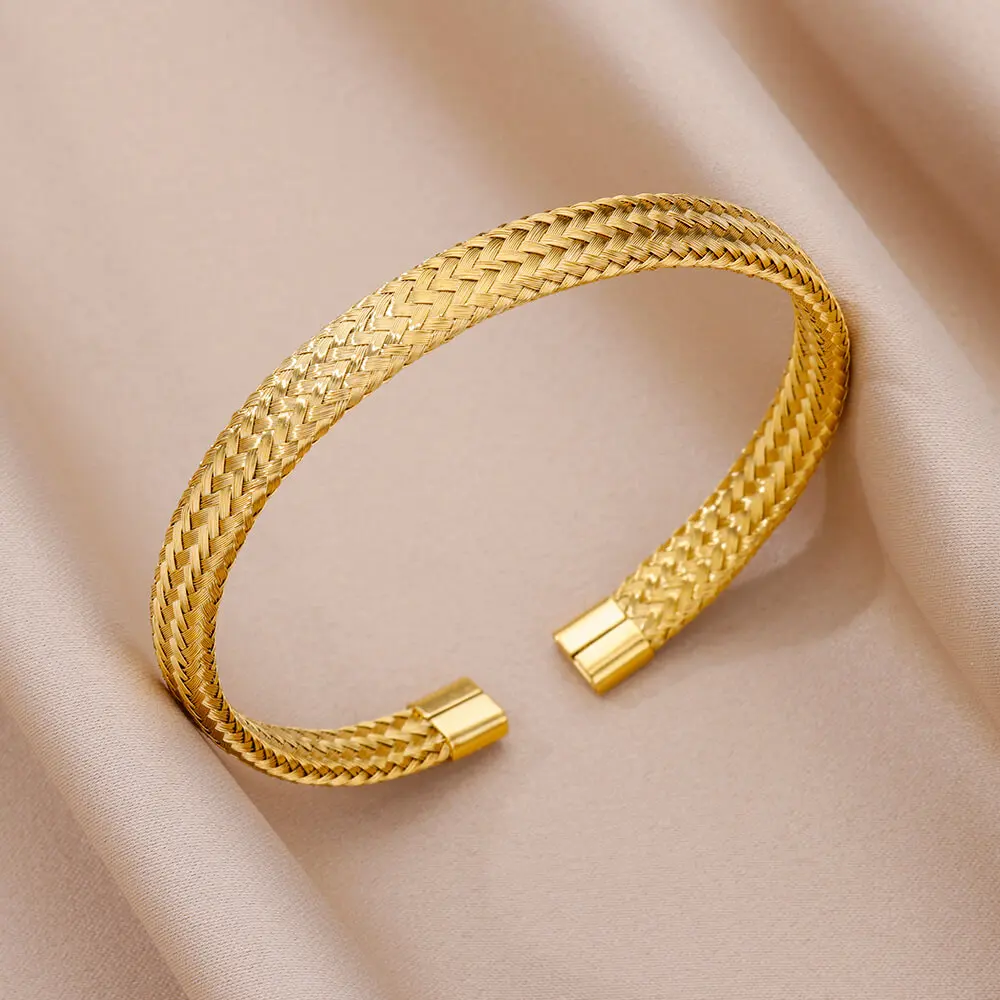 Fashion Round Rope Weave Bangle for Women Men Open Gold Color Stainless Steel Cuff Bracelet Femme  Punk Jewlery Accessories