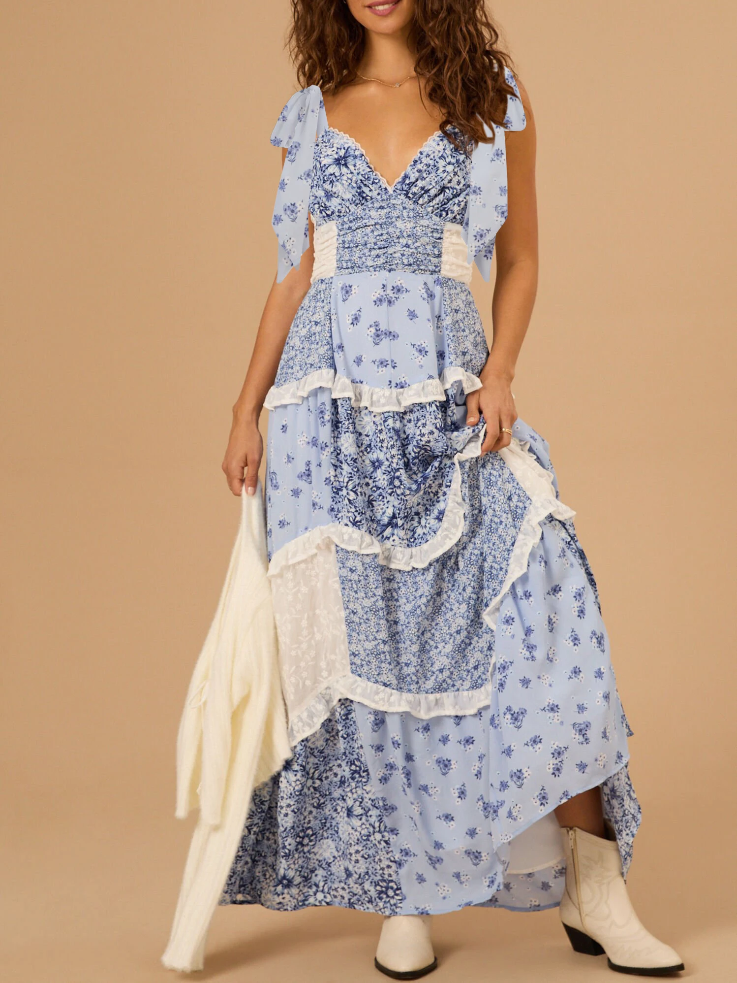 2025 เซ็กซี่ผู้หญิงดอกไม้ Cami Deep V คอ Tie ไหล่ Backless A-Line ยาว Layered Ruffle Slim ชุดยาว