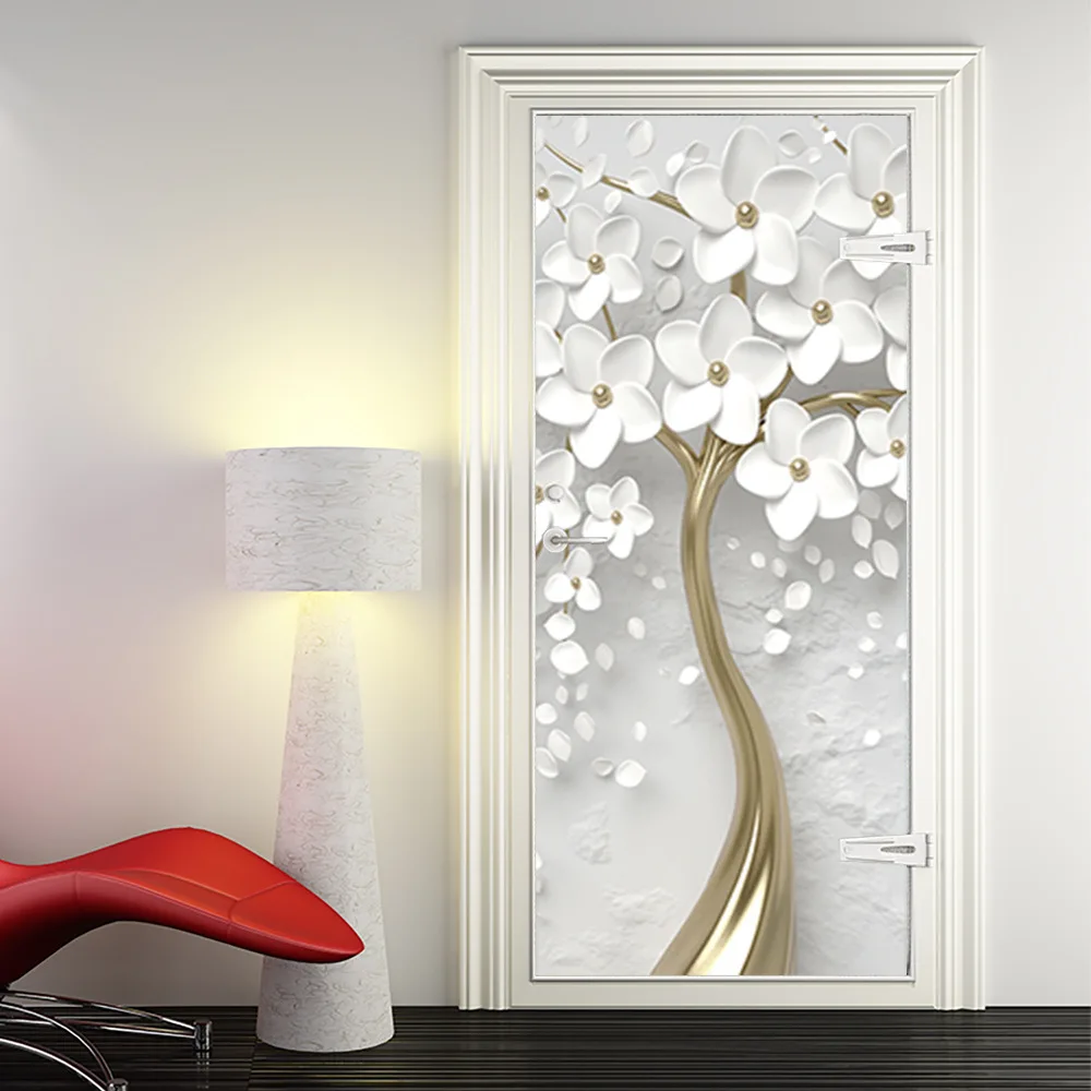 White Flowers Bloom Tree Door Sticker Removable Bedroom Wardrobe Decoration Flower Blossom Wall Door Art Mural Cover Stickers