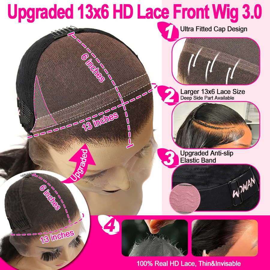 WOWANGE HD Lace Frontal 250% 13x6 HD Lace Front Perruques Straght invisible HD Lace Melt Skins HD Lace Front Perruques de Cheveux Humains Sans Colle