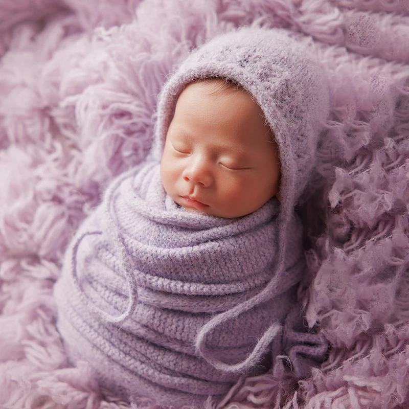 Acessórios para fotografia de recém-nascidos, chapéu de malha para foto de bebê, envoltório de lã, fundo de tiro de bebê, tema roxo, adereços de flores artificiais