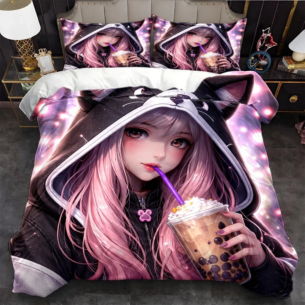 3Pc Cartoon Cat-Eared Girl Pearl Milk Tea Theme Duvet Cover Set, Three-Piece Bedding Set (1*Duvet Cover + 2*Pillowcases), Suitable for All Seasons, Machine Washable, Can Be Used in Home, Dormitory, Master Bedroom, Guest Room, Invisible Zipper Double Bed Cover, Anime-Style Bedding Set, Fresh and Cute Printed Bed Cover Set, Student Apartment Home Bedding, Easy to Clean, Skin-Friendly, Breathable Bedding Set, Trendy Anime-Inspired Bedroom Decor