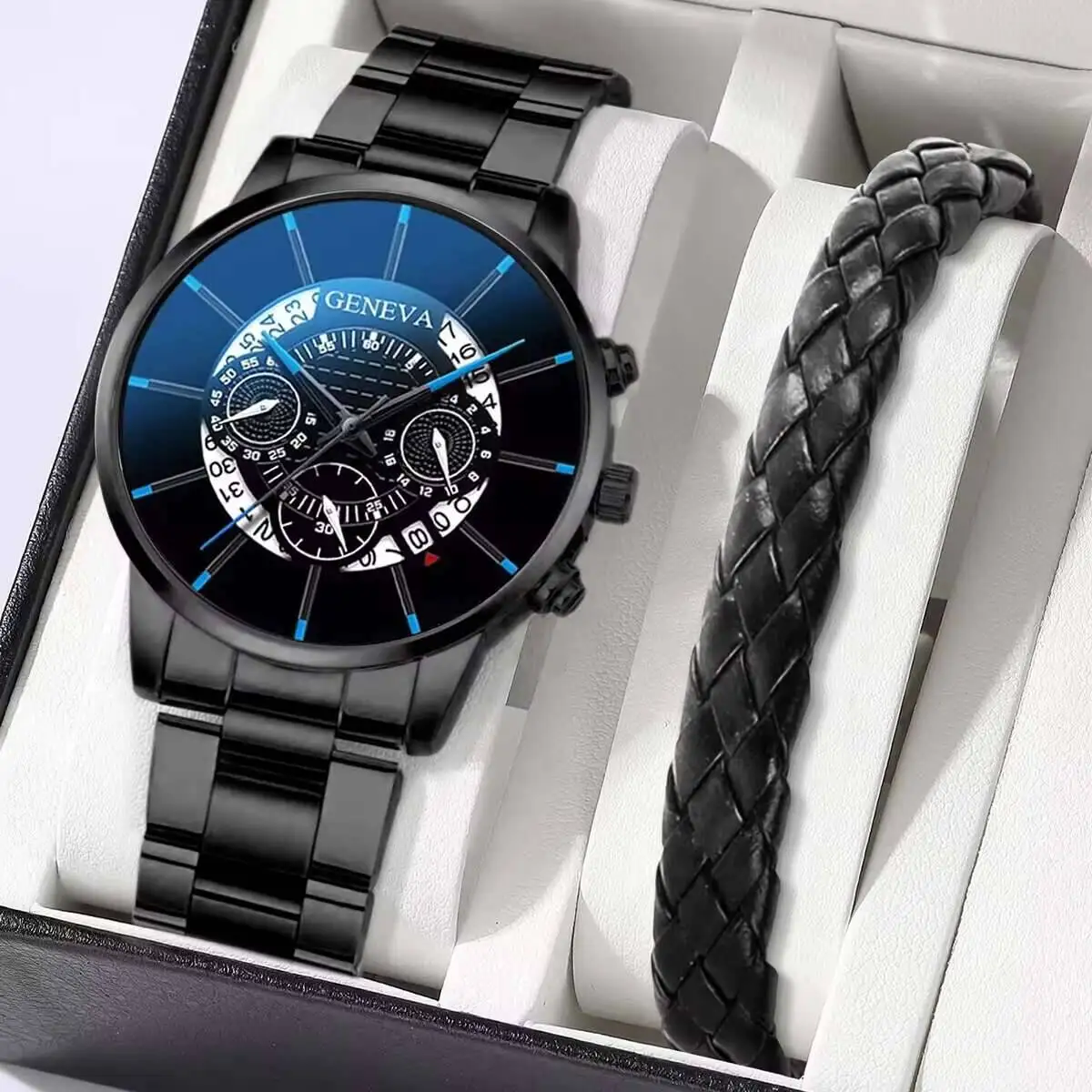 2PCS/Set Luxury Men Business Watches Fashion Male's Analog Quartz Watch Leather Bracelet Set Relogio Masculino（Without Box