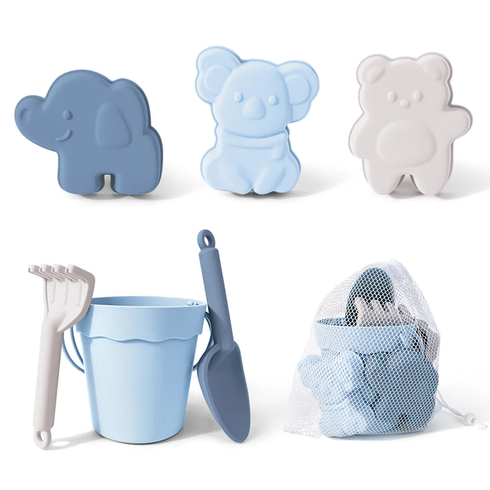 Food grade silicone non-toxic and environmentally friendly material beach bucket with shovel rake and cute pet toy accessories