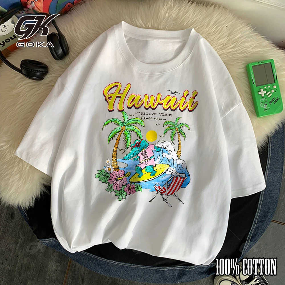 Hawaii Positive Vibes Optimism Printed Men T-Shirts Streetwear Summer Cartoon Pattern Women Short Sleeve Casual Tops Tees Unisex