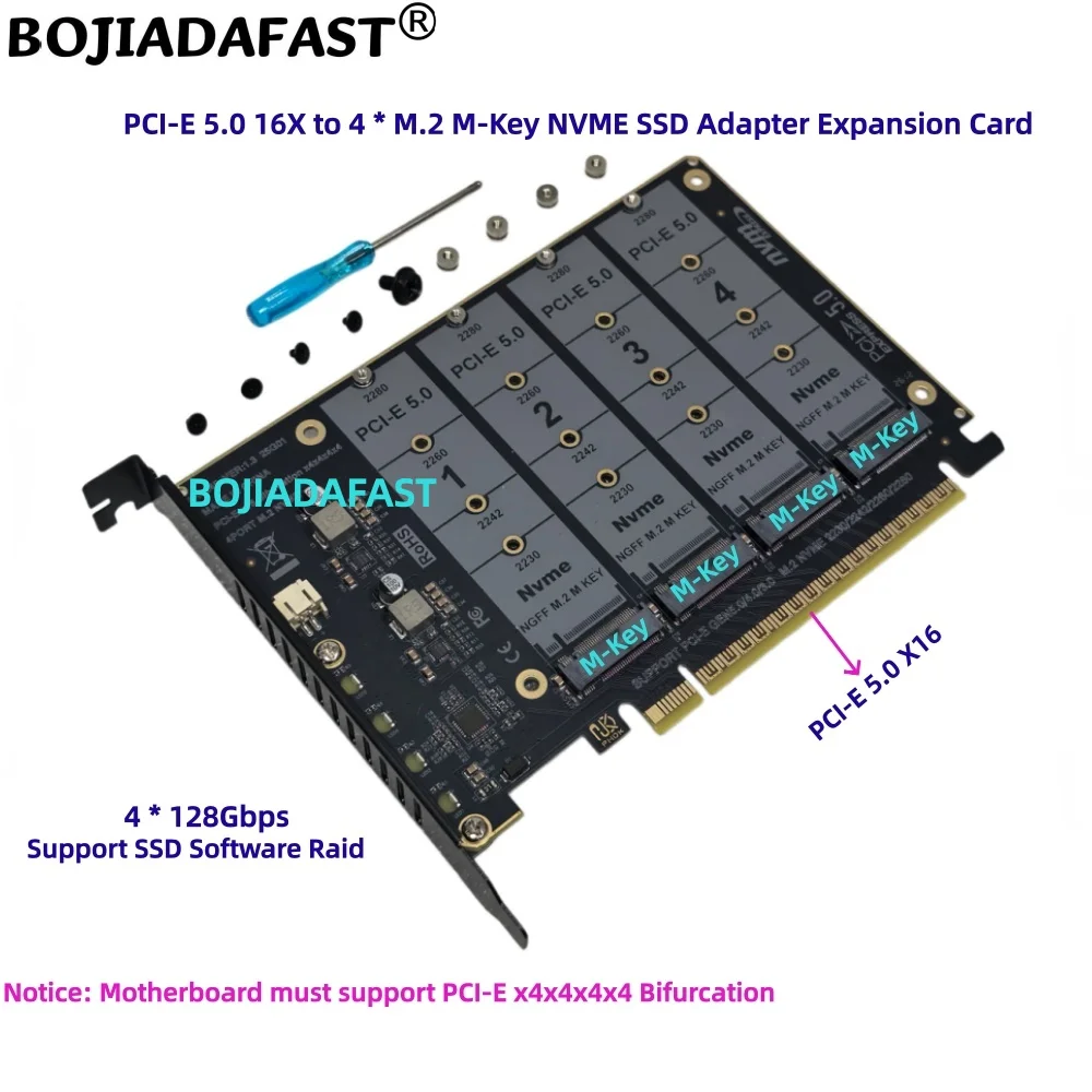 

PCIe X16 PCI-E 5.0 16X to 4 * NGFF M.2 M-Key 2280 NVME SSD Adapter Card GEN5 MB Supports PCIe X4x4x4x4 Bifurcation