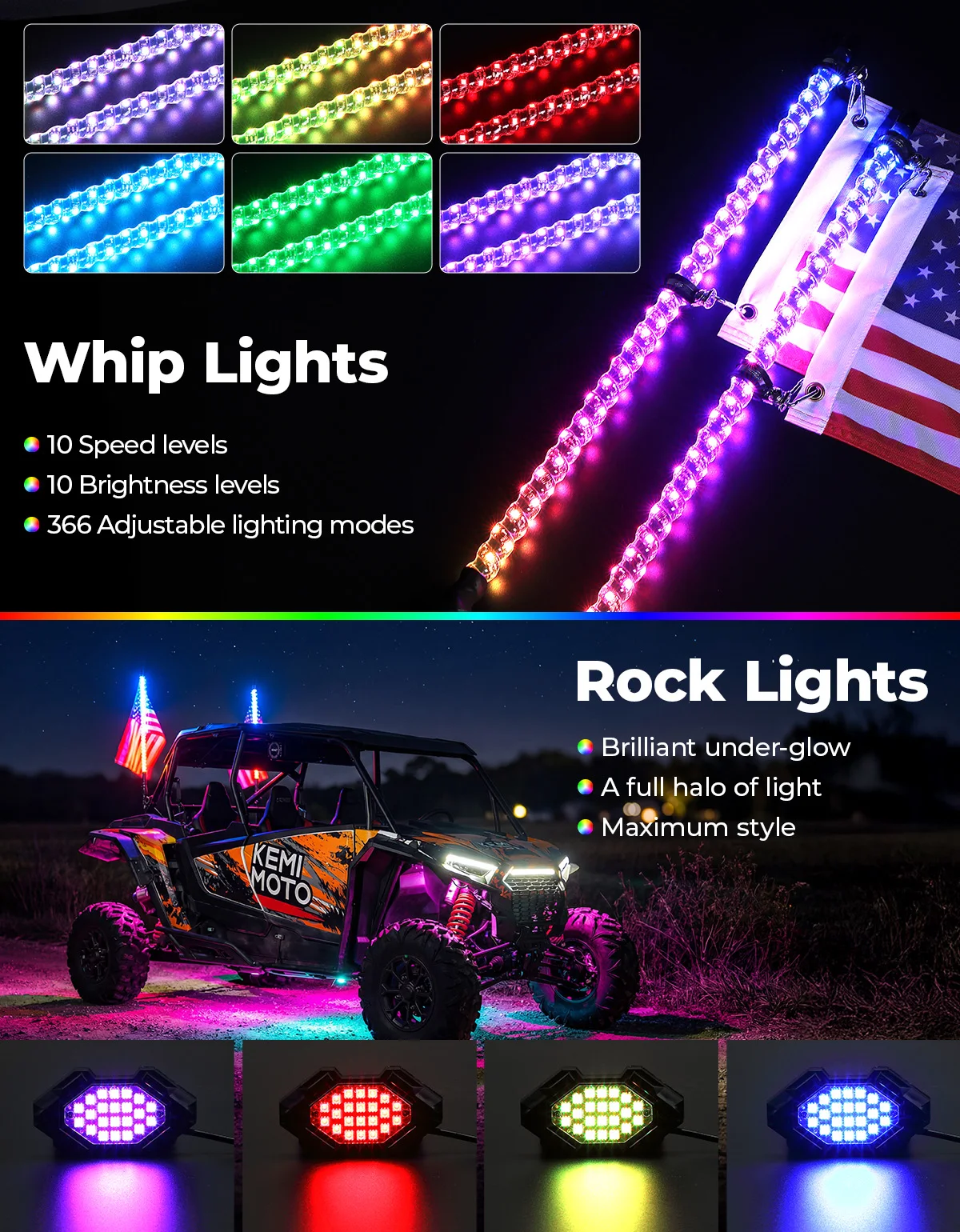 KEMIMOTO UTV ATV LED Whip Light and 4 PCS Rock Lights Remote App Control IP67 Waterproof Compatible with Polaris RZR for Can-Am