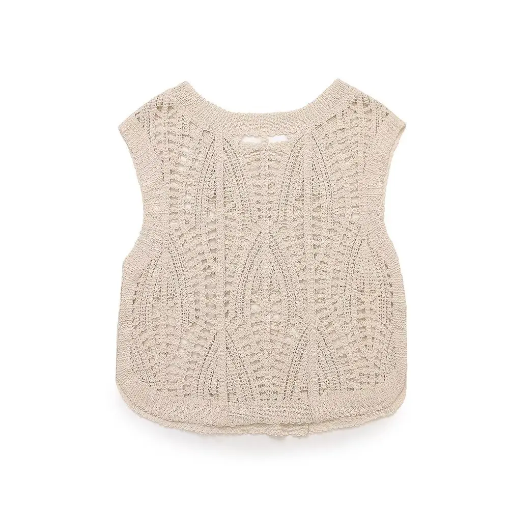 Jenny&Dave French Retro Beige T-shirt Women Crochet Hollowed Out Vest Tank Top