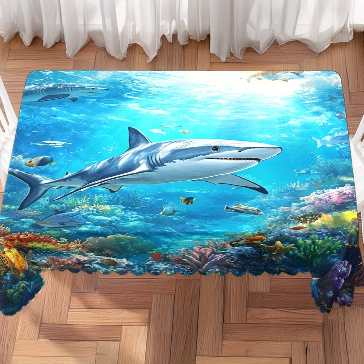Marine Tablecloth, Big Shark Underwater Seaview Print Cover, Anti-stain Table Cloth, Decor for Dining & Ocean Theme Party Table