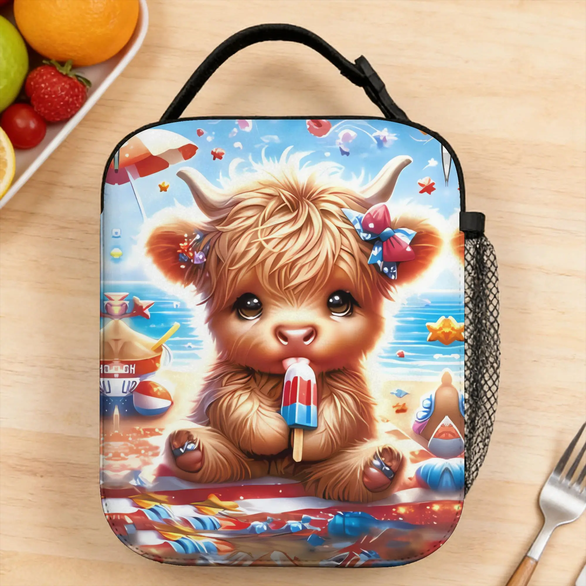 Lunch Bag Highland Cow With Flower Crown On Western Pattern Office Lunch Box For Men  Vintage Portable Print Cooler Bag