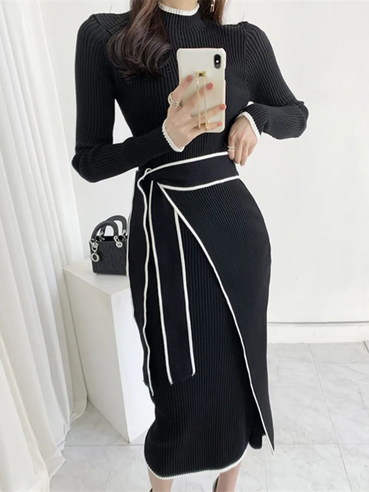 Elegant Knitted Dress Women Fall Winter New Warm Half Turtlenck Off shoulder Long Sleeve Sashes Bow Wrap Hip Sweatrer Robe Femme