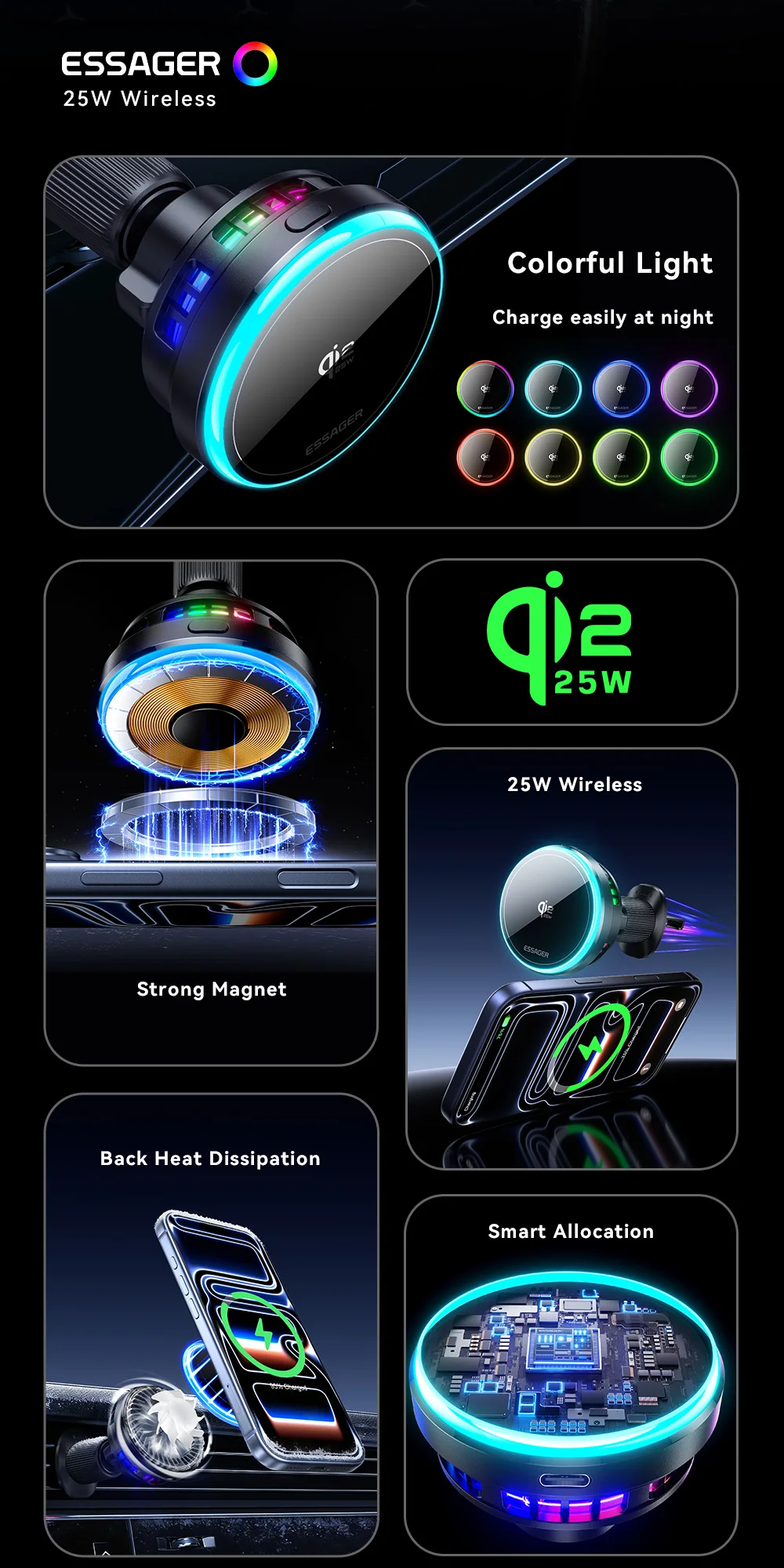 Essager 25W Magnetisches Kabelloses Autoladegerät für Huawei Xiaomi iPhone 17 16 Pro MacSafe RGB Auto-Handyhalterung Schnelle Ladestation – Detail 3