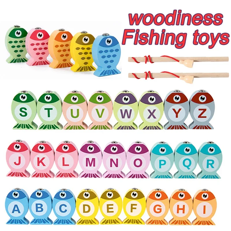 Children Wooden Fishing Toys Early Education Alphabet Numeric Cognitive Children Interactive Games for Gifts