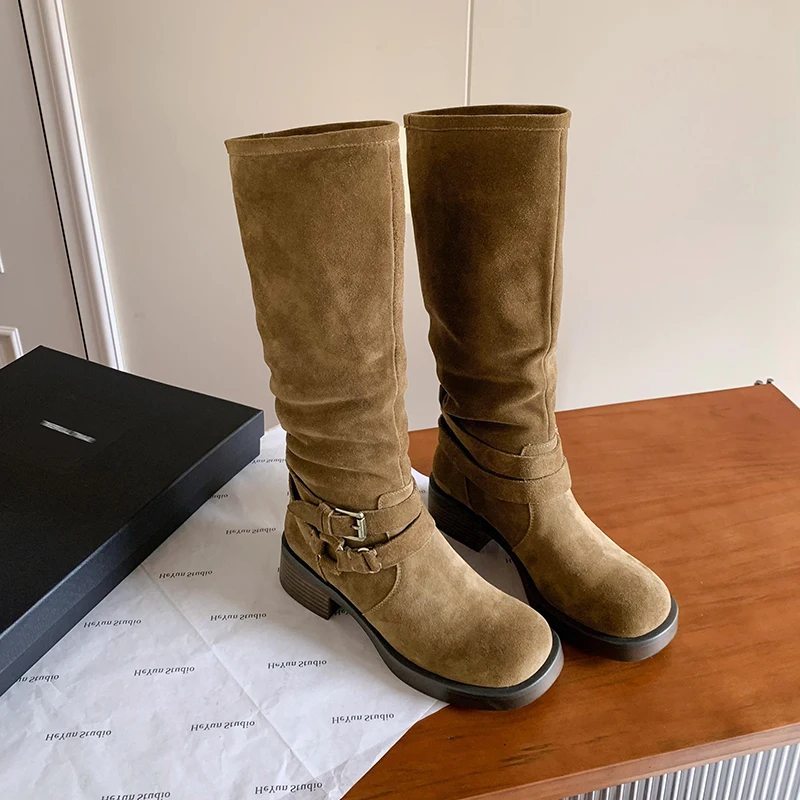 Stylish Women’s Knee High Cow Suede Boots with Mid Heels