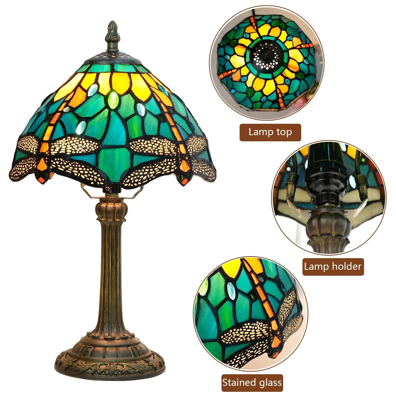8 Inches Stained Glass Bedside Lamp Classic French LED Table Lamp Red Rose Desk Reading Light Bedroom Living Room Home Office