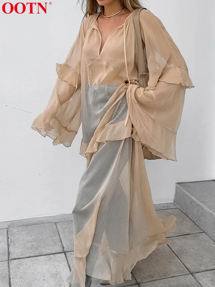 OOTN Khaki Dress Women Sexy V Neck Sheer Mesh Patchwork Ruffled Female Elegant Flare Sleeve Loose Long Dresses Autumn 2024