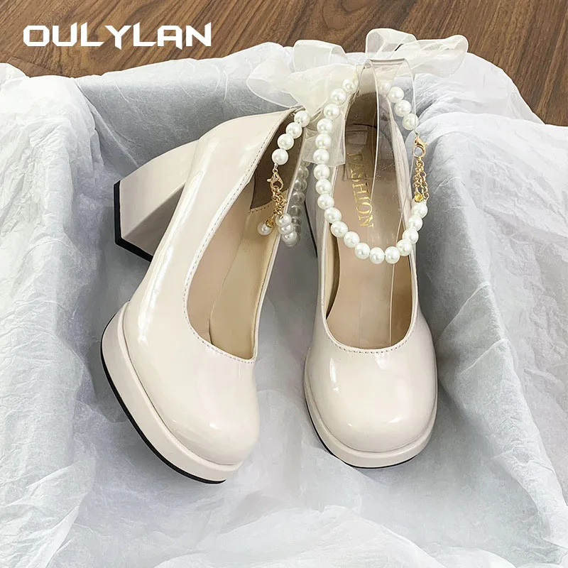 French pearl fairy style butterfly bow thick sole waterproof table Mary Jane high heels women's coarse single shoes