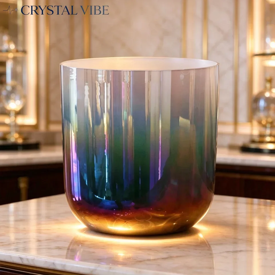 CRYSTAL VIBE 432Hz Special Aurora Gradient Clear Alchemy Crystal Bowl with accessories