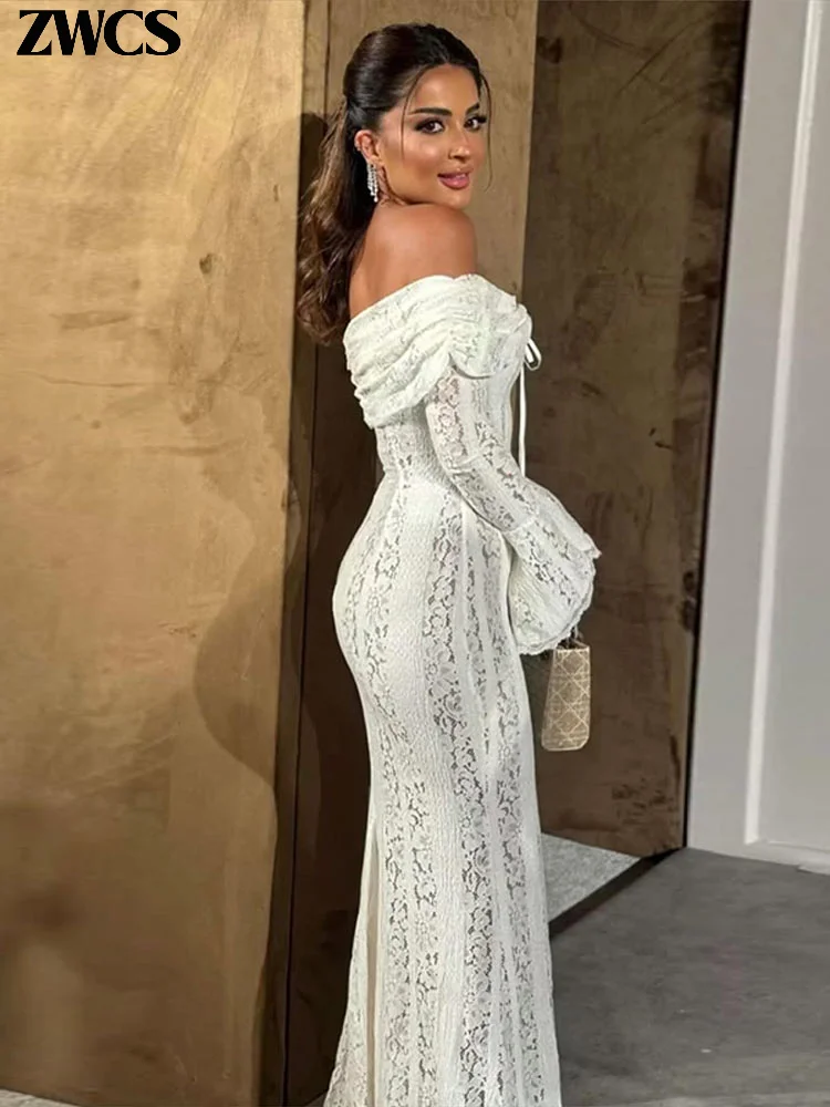Elegant Lace Off Shoulder Maxi Dress Women Sexy Hollow Out Long Flare  Sleeve Bodycon Dresses 2025 Spring New Lady Party Vestidos - AliExpress  200000345