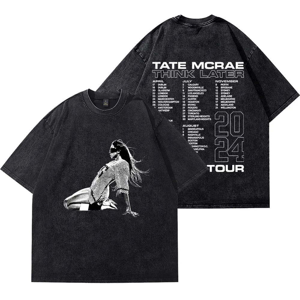 Tate McRae Think Later Tour Merch Vintage Wash Cotton Tee Women Men Fashion Short Sleeve T-Shirts