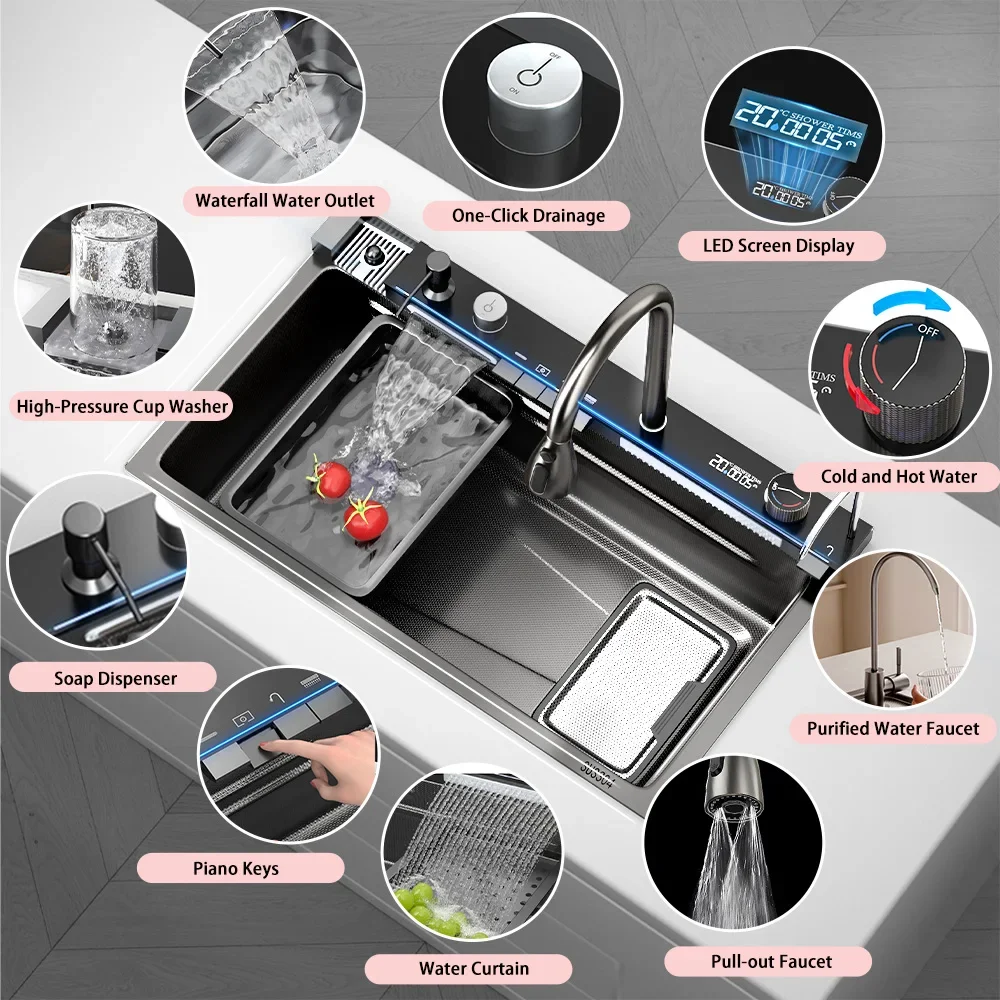 

2025 Modern Popular Handcrafted Black Nano Single Bowl Waterfall Multifunctional Stainless Steel Smart Kitchen Sink