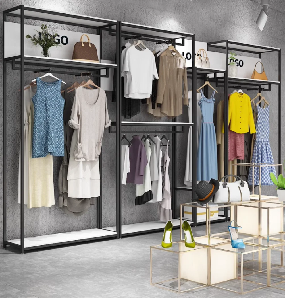 

Men's display rack Black floor live shelf hanger clothing store special combination display rack double-layer showcase