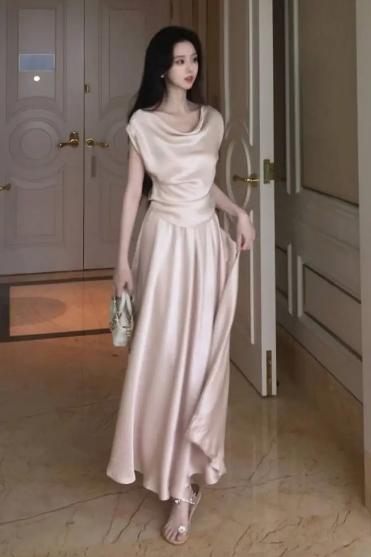 

​​Bias Cowl Neck Maxi Skirt Set Acetate Look Satin Co Ord Lengthened Silhouette Fluted Hem​​