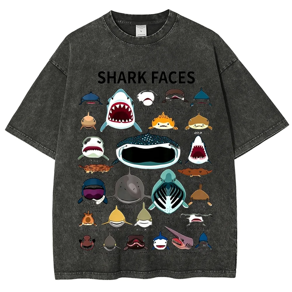 Water Retro Old Neutral Style T-Shirt Various Shark Printing High Quality Pure Cotton Round Neck Pullover New Short Sleeves