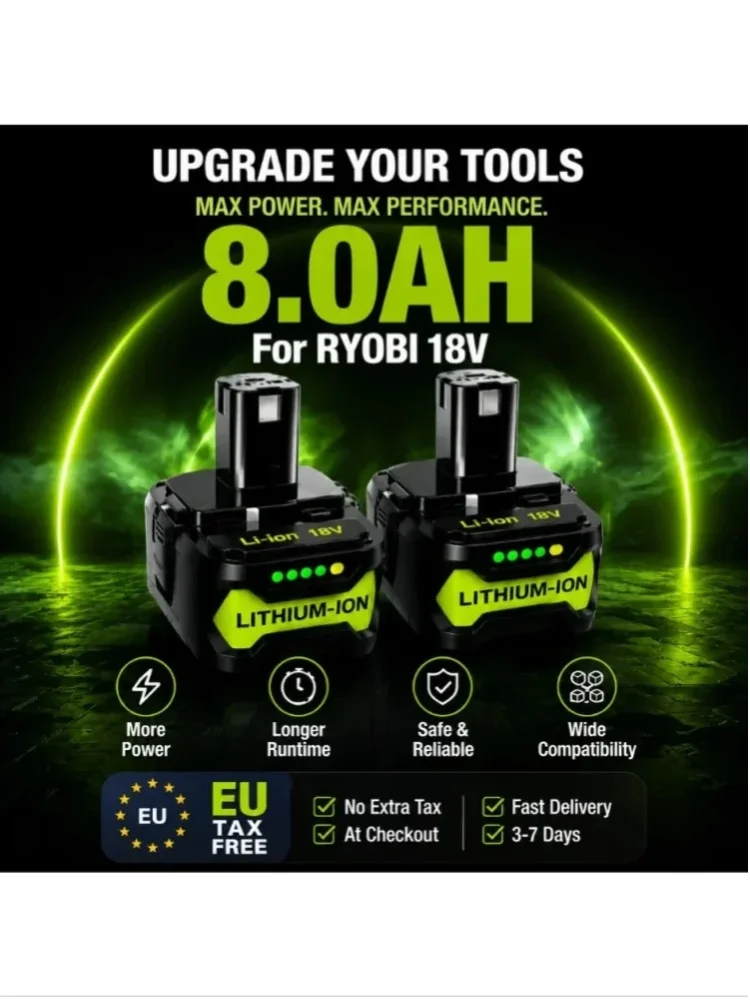 18V 8,0Ah Lithium-Ionen-Akku für Elektrowerkzeuge, Ersatz für Ryobi P108, Kompatibel mit P203 P204 P210 RB18L50 RB18L20