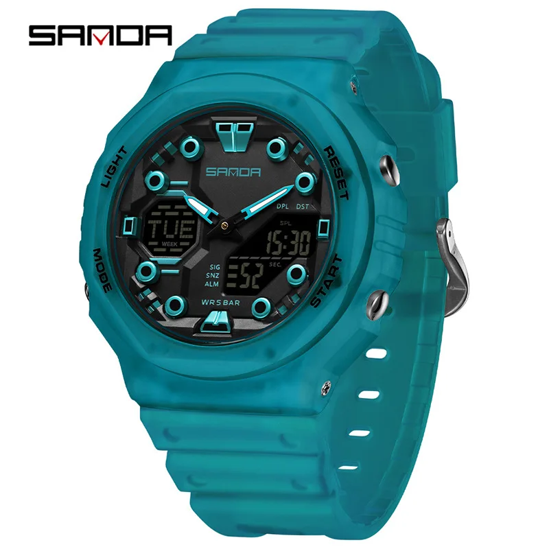 SANDA 6200 Men Quartz Watch Sport Fashion Unique Alarm Clock Waterproof Cool Dual Display Wristwatch for Student