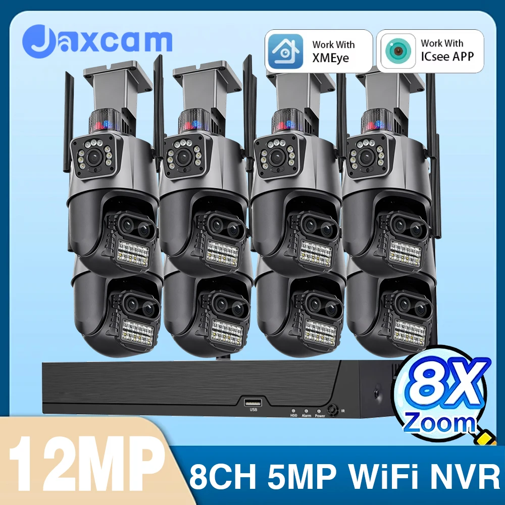 Icsee 8CH 12MP HD Wireless Security Camera System 8X Zoom WiFi Outdoor PTZ Camera Nvr Kit 6K WiFi Dual Lens Camera System