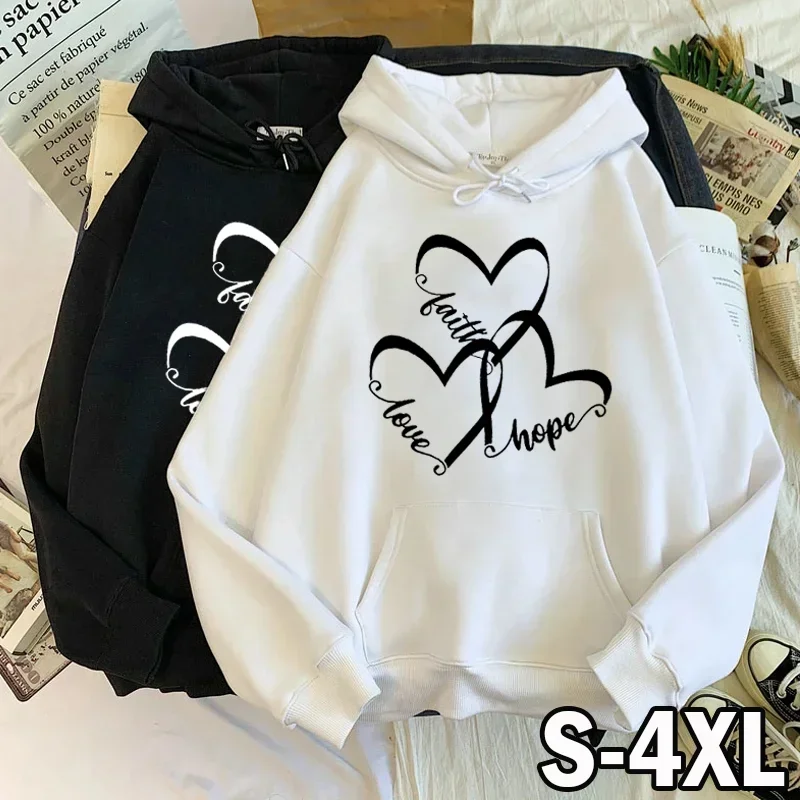 

New Fashion Women's Sweatshirt Long Sleeve Hooded Casual Sports Faith Hope Love Print Outdoor Spring Autumn Tops Female Hoodies