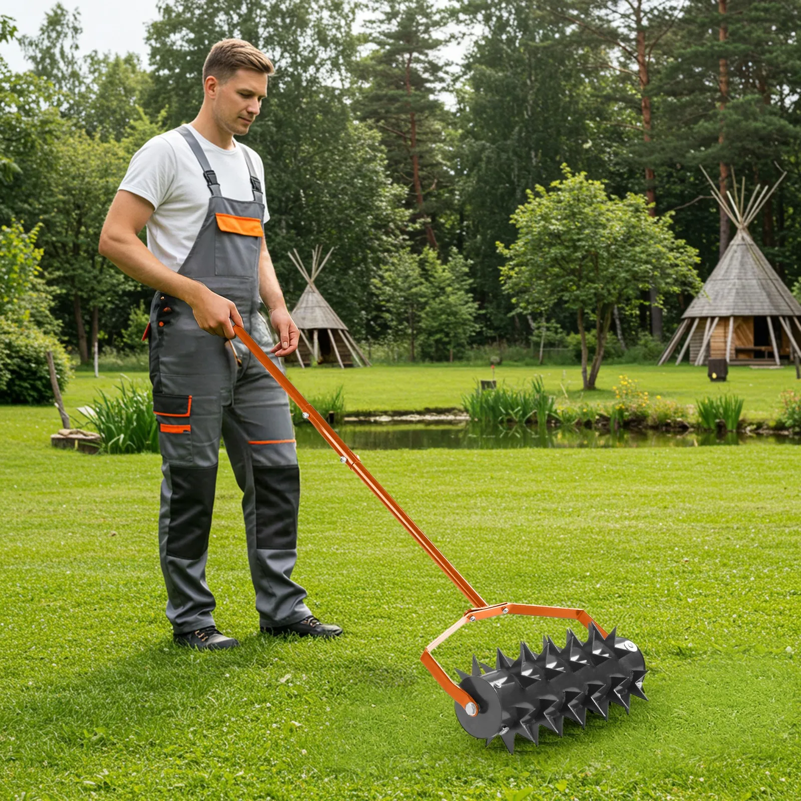 

18in Lawn Aerator, Heavy Duty Rolling Aerator Lawn Tool Galvanized Steel