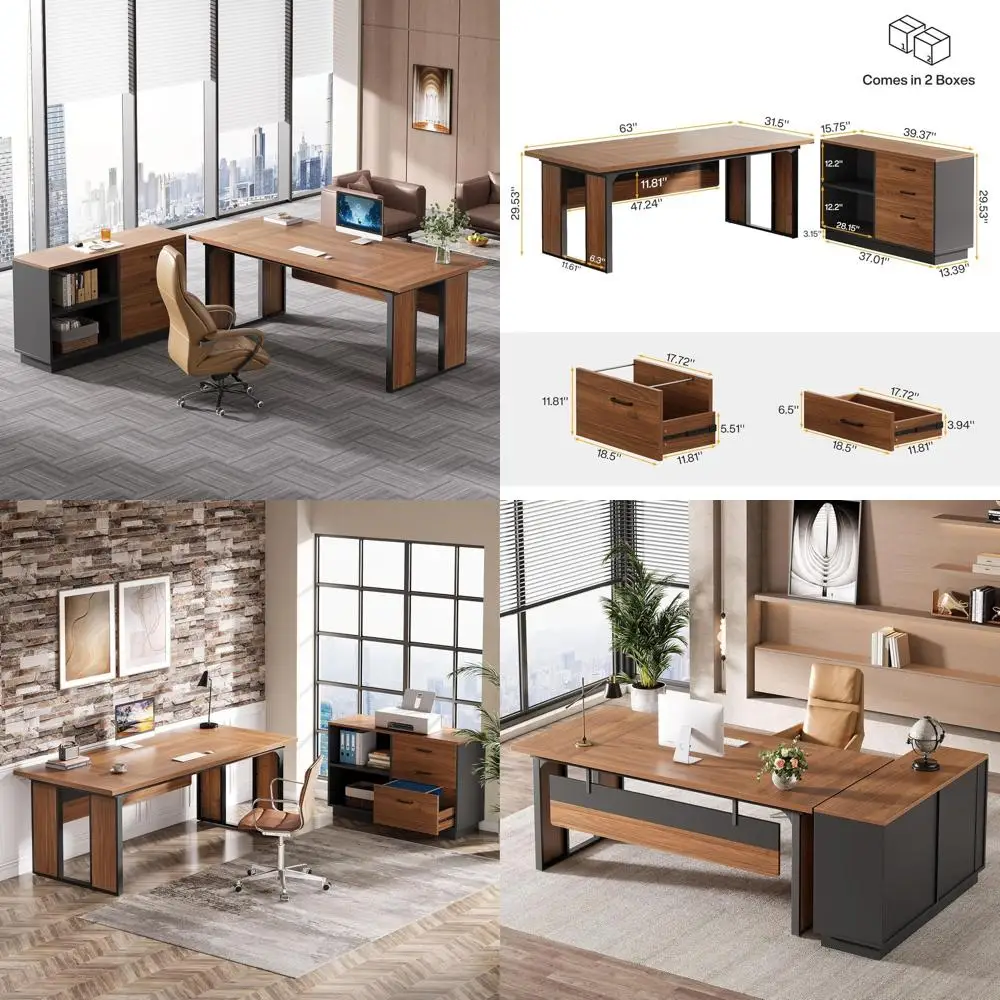 

Large L-Shaped Office Desk with Storage Cabinet, 63 Executive Computer Desk for Business or Home, Brown & Black