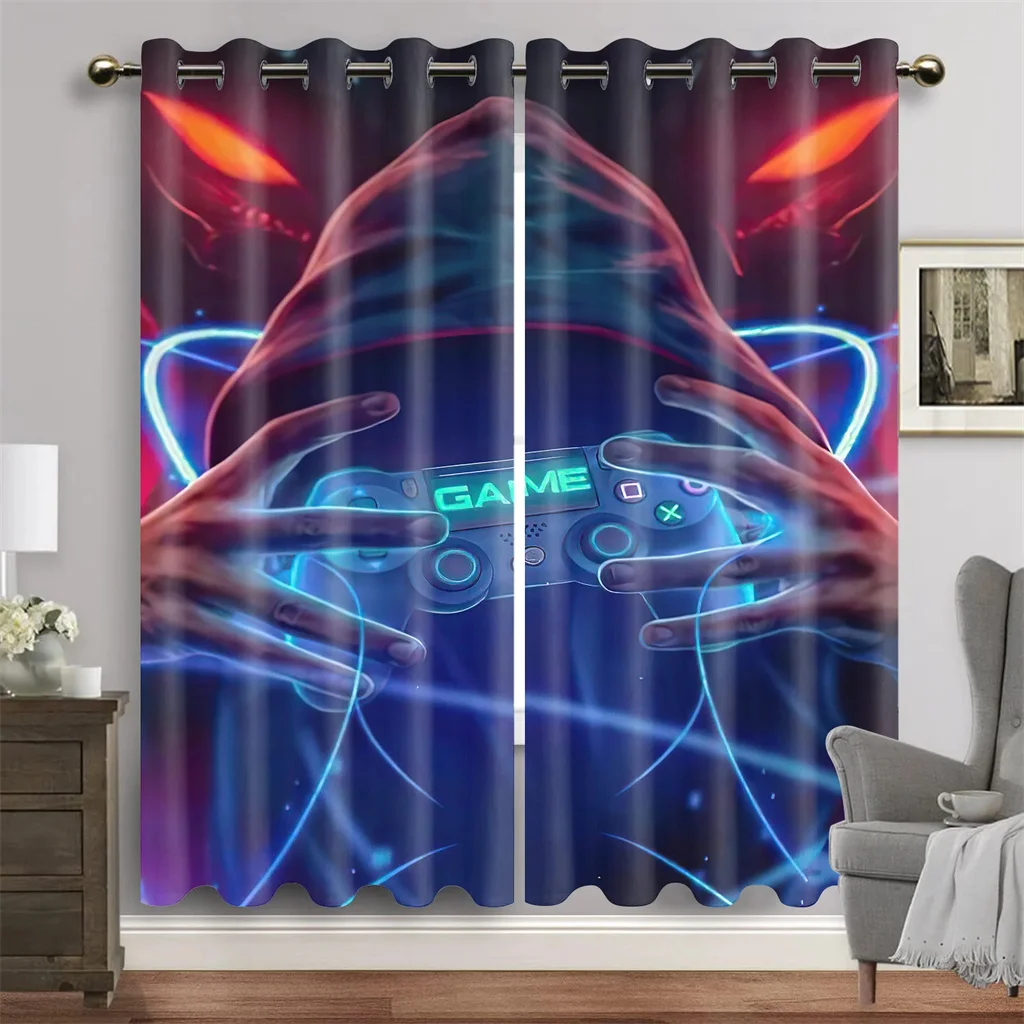 

2 panel Gamepad Printed Curtains for Esports Room Large Windows Floor-to-ceiling Window Blinds Grommet Top cortinas Drapes