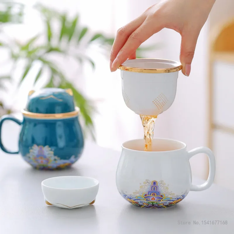 Tasse à thé en céramique de dessin animé chinois de 320 ml, tasse à thé de bureau avec cuillère, tasse à thé séparée pour cadeau de thé