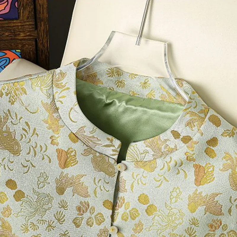 Chinese stijl vest jacquard vest dames lente herfst zijde mouwloos opstaande kraag enkele rij knopen vrouwelijke vestjas