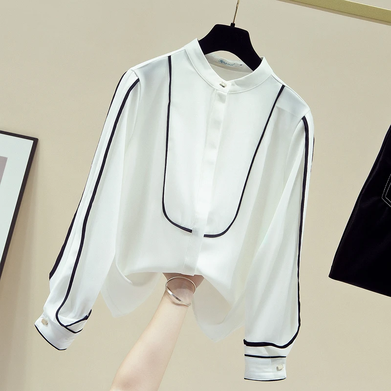 بلوزة قميص نسائية جديدة بأكمام طويلة وياقة واقفة قميص شيفون أبيض بلوزة نسائية بلوزات قمصان Blusas Para Mujer 2025 Q685